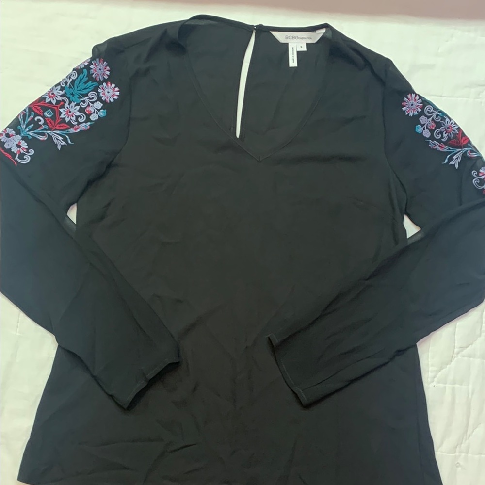 Boho Chic BCBGeneration Black Semi-Sheer Blouse Colorful Floral Embroidery Small